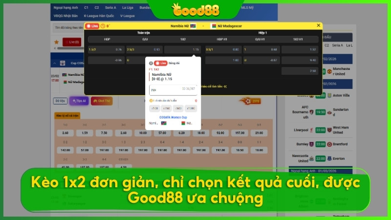 Kèo 1x2 đơn giản, chỉ chọn kết quả cuối, được Good88 ưa chuộng.